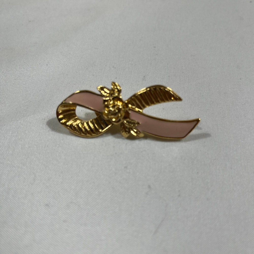 Vintage Large Avon Pink Ribbon Gold Tone pin Breast Cancer Awareness Brooch